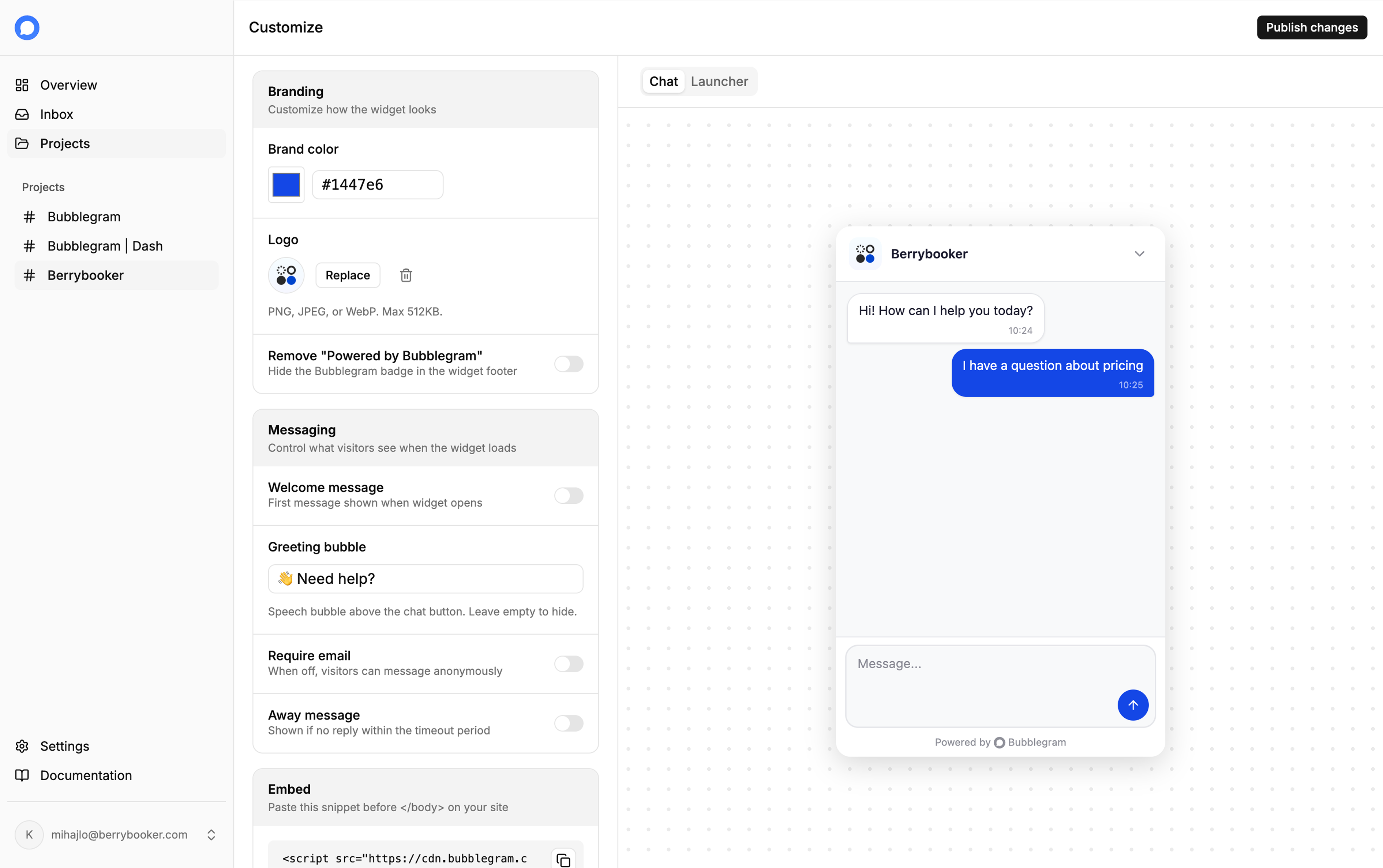 Project Builder showing widget customization options alongside a live preview