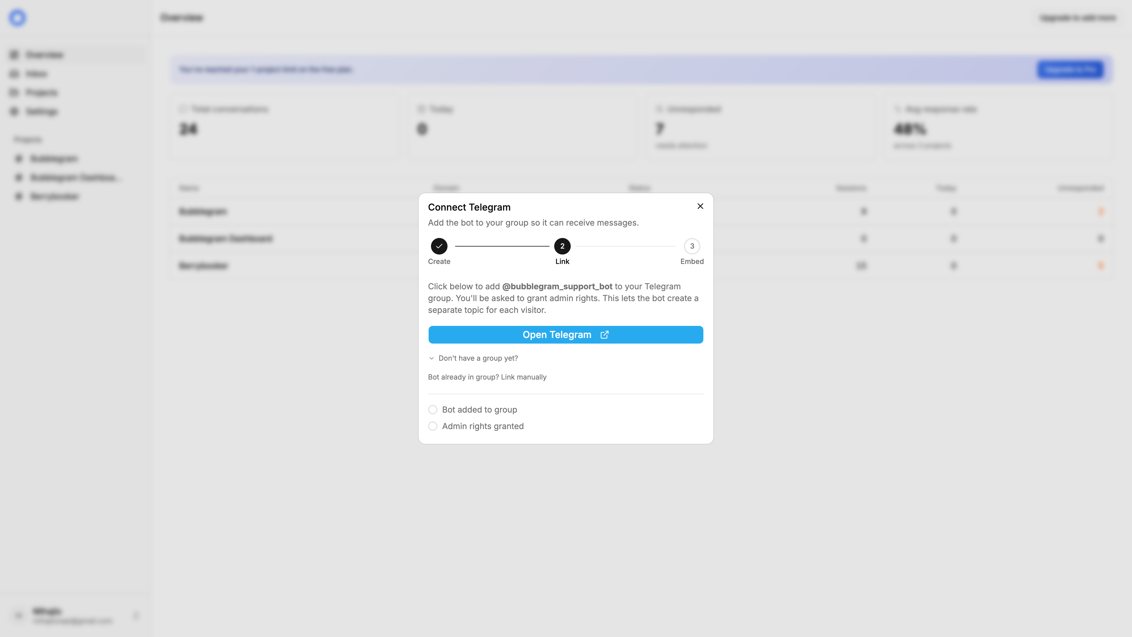 Link Telegram button in the Project Builder