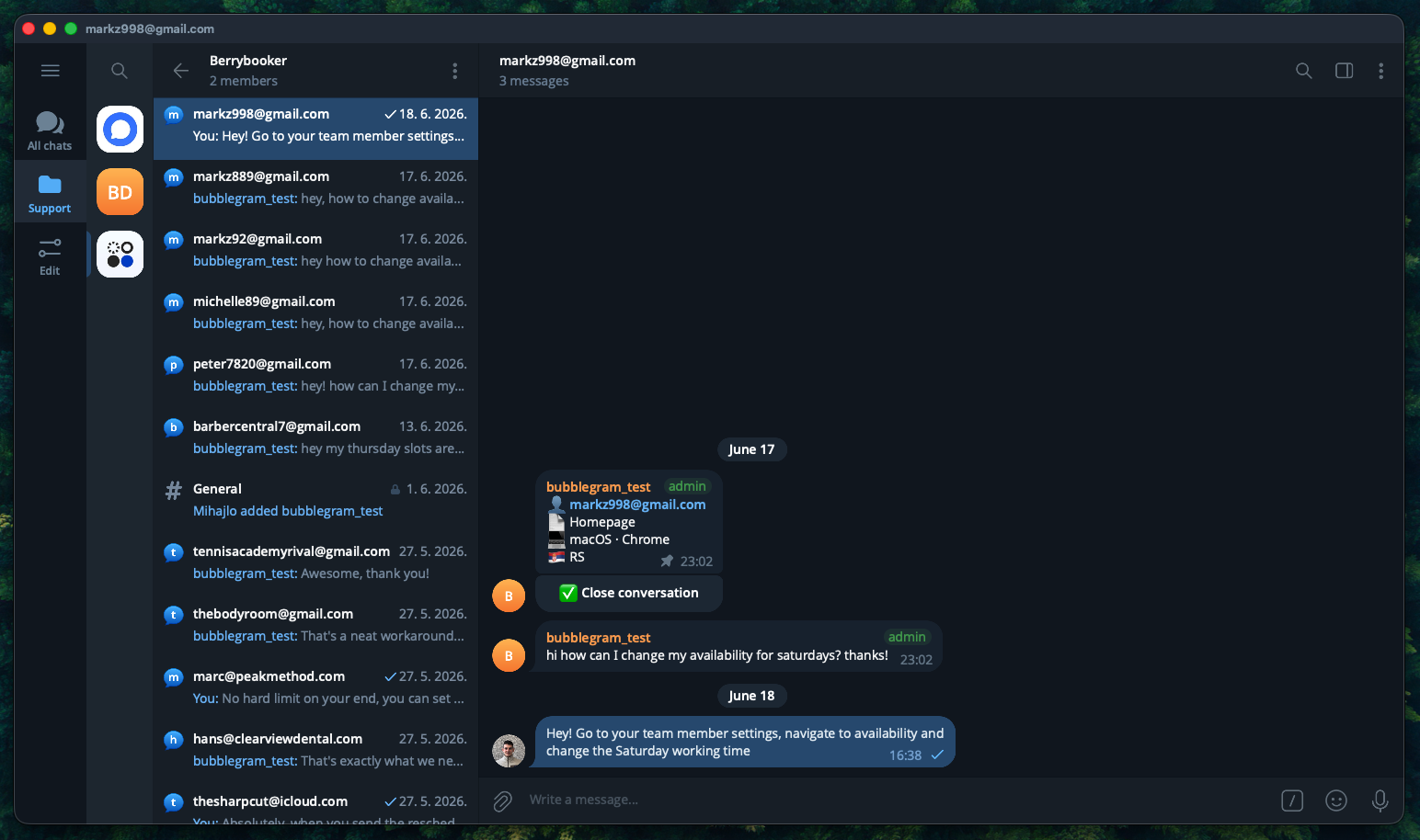 Telegram forum topics organized as a support inbox